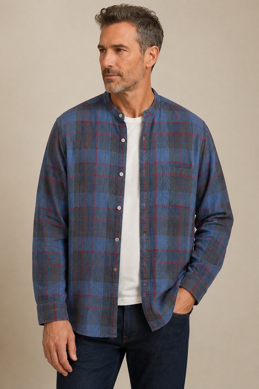 Hunt Club Men’s Blue Red Plaid Flannel Shirt Mandarin Collar XXL